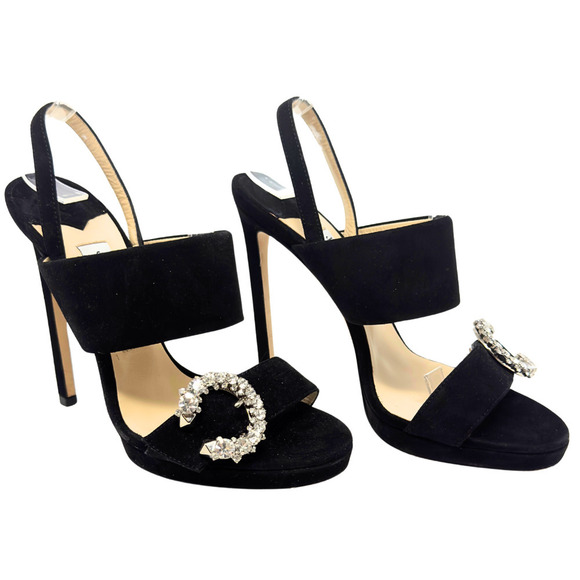 Jimmy Choo Heels White Crystal Black Suede Slingback Platform Sandals EU 36.5 - Picture 11 of 11
